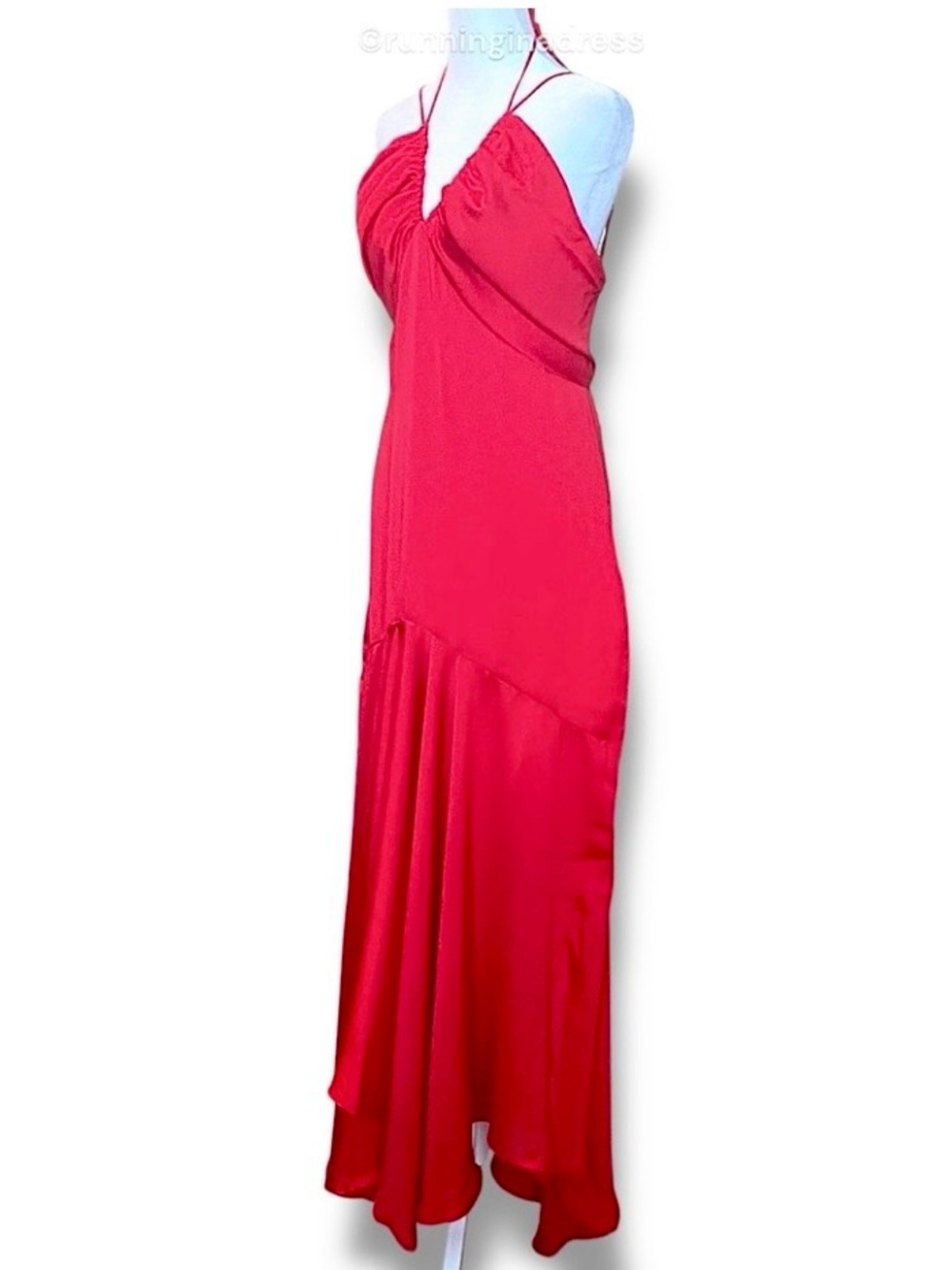 Free People X DELFI Dia Red Satin Halter Drop Waist Retro Midi Dress Size L NWOT - Picture 5 of 13